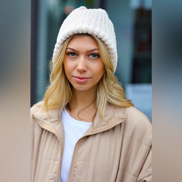Cream Knit Velvet Chenille Fold Over Beanie - Picture 7 of 7
